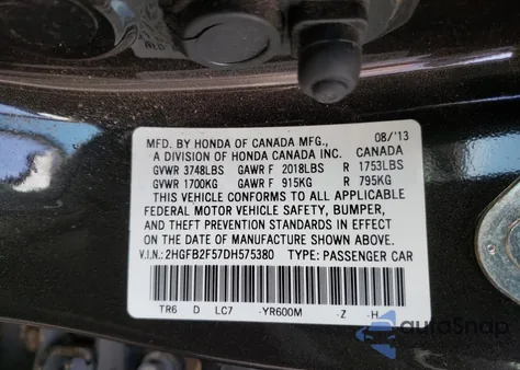 2013 Honda Civic Lx из США, поврежденный, VIN 2HGFB2F57DH575380